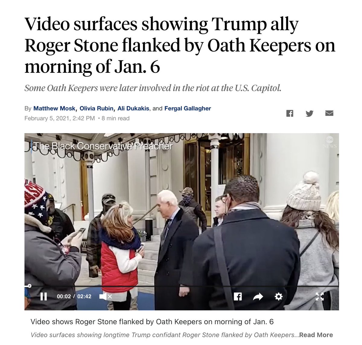 BREAKING: Some  #OathKeepers w/Roger Stone on morning of Jan 6th seen at  #Capitol siege. One also seen flanking Mike Flynn in December.Join me in acknowledging  @CTExposers (they lead the digging, follow them!) + talented  @trbrtc &  @btdeckerStory:  https://abcn.ws/3cK9jB3&nbsp;