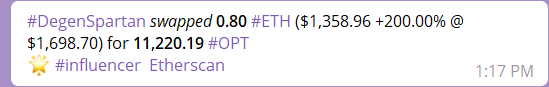 On our Power Brokers channel, an alert appears that  @DegenSpartan swapped for  $OPT, what **appears** to be a token for Open Sea.But it's a fake token that has nothing to do with the awesome NFT marketplace. (2/5)