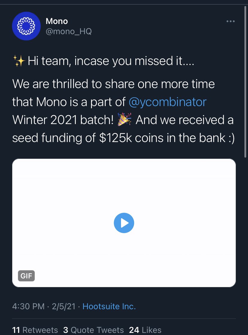 5.  @mono_HQ has entered Ycee, ohhhh we meant  @ycombinator it’s still YC tho, but not  @iam_YCee   Another $125k in the seed bank..... I mean if you need $120k to buy seed, you better be planting The savanna rain forest 9ja to the world.