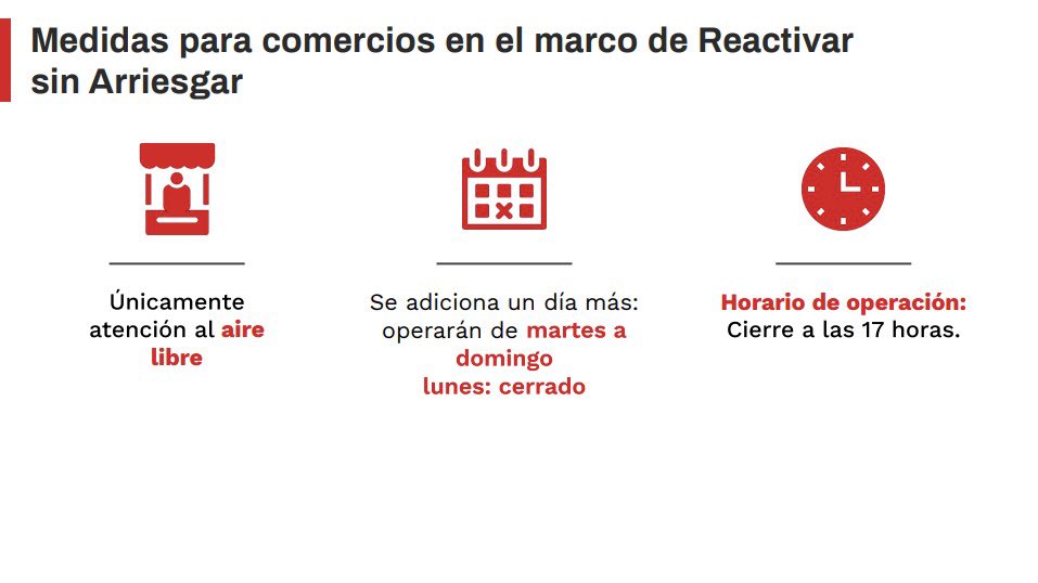 Seguimos en Semáforo Rojo manteniendo una tendencia a la baja en hospitalizaciones y contagios. 

Esto nos permite #ReactivarSinArriesgar al aire libre: restaurantes hasta las 9PM, comercios de martes a domingo hasta 5PM, y reabrir tiendas departamentales y centros comerciales
👇