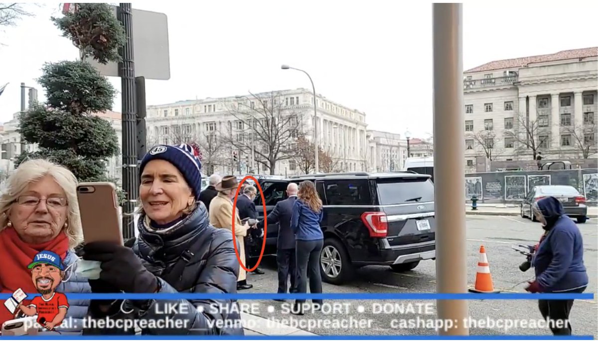 2/ As  @ABC notes, Rudy Giuliani & entourage make a brief appearance in same footage, around 10:16 am (approximately).They walk from the  @WillardHotel hotel, past Roger Stone &  #OathKeepers, to a waiting SUV. Destination unknown.