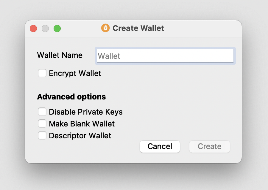 Enter the name of your wallet and make sure to click "disable private keys" which will in turn select "make blank wallet" as well.This will create your wallet as watch-only - since you will be using a hardware device to sign.Once complete your empty wallet should appear.