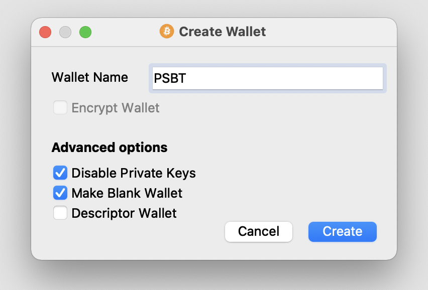 Enter the name of your wallet and make sure to click "disable private keys" which will in turn select "make blank wallet" as well.This will create your wallet as watch-only - since you will be using a hardware device to sign.Once complete your empty wallet should appear.