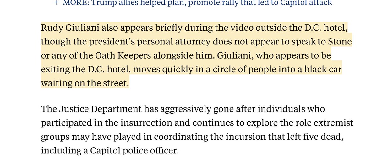 2/ As  @ABC notes, Rudy Giuliani & entourage make a brief appearance in same footage, around 10:16 am (approximately).They walk from the  @WillardHotel hotel, past Roger Stone &  #OathKeepers, to a waiting SUV. Destination unknown.
