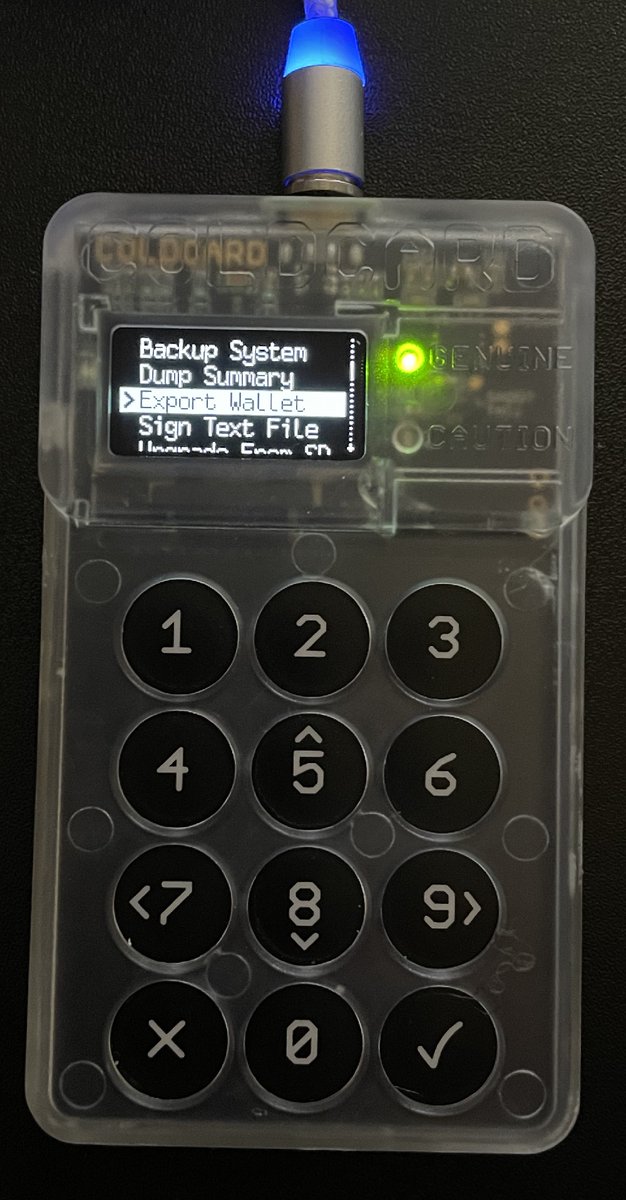 Next - we need to export your wallet from your  @COLDCARDwallet Pin into your device and then go down the following menu path: Advanced > MicroSD card > Export Wallet > Bitcoin Core