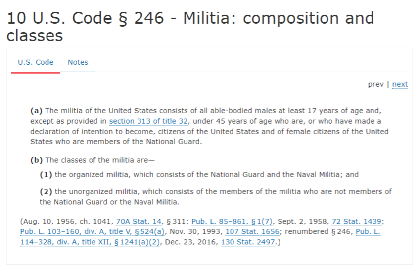 So, let's back up. The militia, and by militia, it meant the "unorganized militia", which is DEFINED in US Code, see the attached graphic, as everyone except the National Guard and Army, for all intents and purposes.