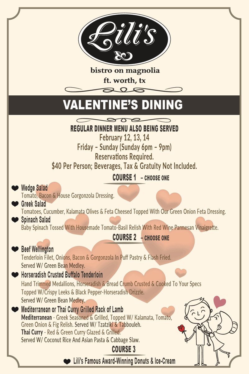 Join us for dinner Valentine’s weekend.  Regular menu will be available.  Reservations required