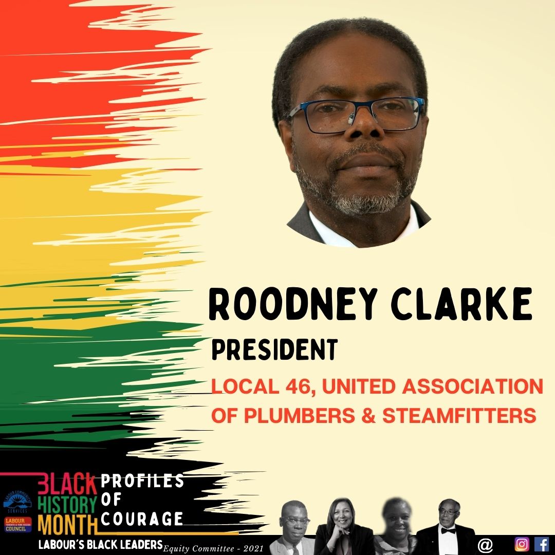 torontolabour's tweet photo. Profile of Courage #1: Roodney Clarke 
President, UA Local 46
@local46 
Roodney was just recently elected as President, becoming the first Black leader of the plumbers union.

#profilesofcourage #blackhistorymonth #canadianlabour #union #bhm #leadership https://t.co/ZVTc5YHa5f