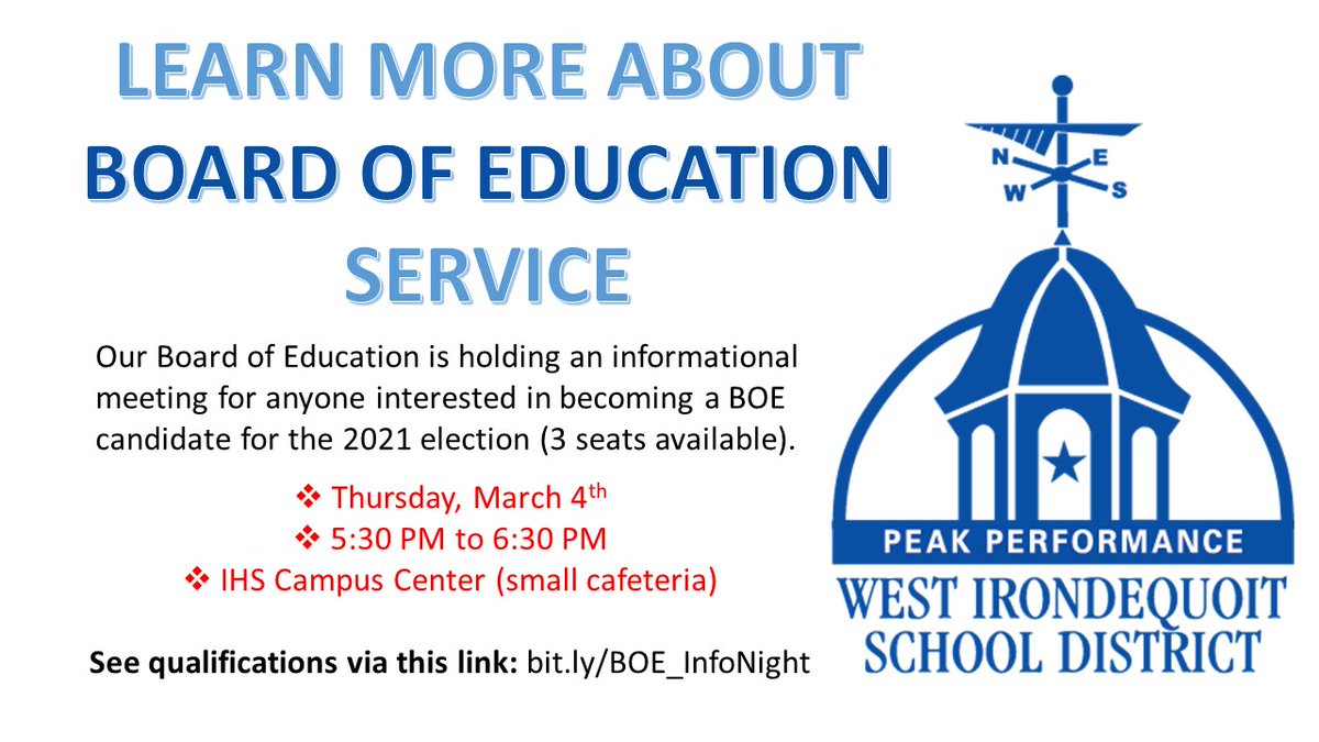 Ever considered running for the Board of Education? Our current members are hosting an Informational Meeting for prospective candidates at 5:30 PM on Thursday, 3/4. See more below. 

Questions? Email patricia_kelly@westiron.monroe.edu. 

Learn more here: bit.ly/BOE_InfoNight