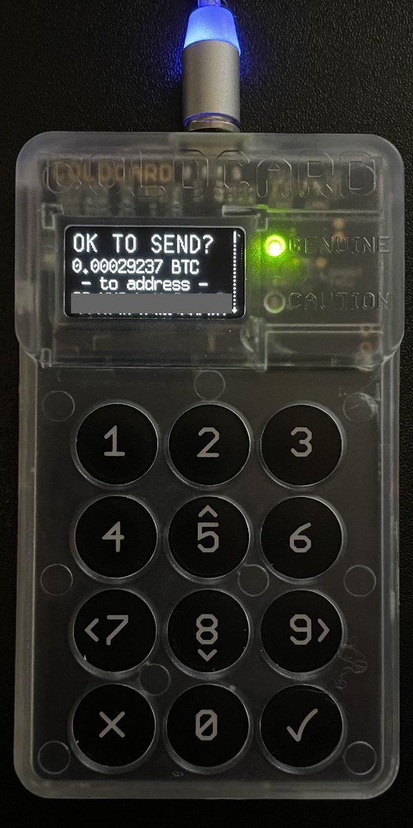 Now we go back to the ColdCard to sign like normal. Put the microSD card into your device and PIN in if needed.Click Ready To Sign, then review the transaction.When you're ready click Ok.The device will say "PSBT Signed" and give the file name of the signed transaction.