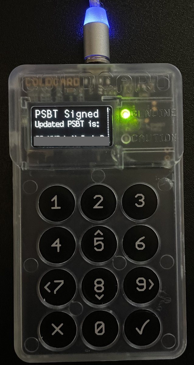Now we go back to the ColdCard to sign like normal. Put the microSD card into your device and PIN in if needed.Click Ready To Sign, then review the transaction.When you're ready click Ok.The device will say "PSBT Signed" and give the file name of the signed transaction.