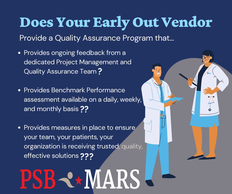 PsbMars's tweet image. Does your Early Out Vendor provide services from their Quality Assurance Program? Does your #EarlyOut Vendor HAVE a Quality Assurance Program?

#revenuecyclemanagement #accountsreceivables #accountsreceivable #budget #HFMA #AAHAM #healthcare #collections #extendedbusinessoffice