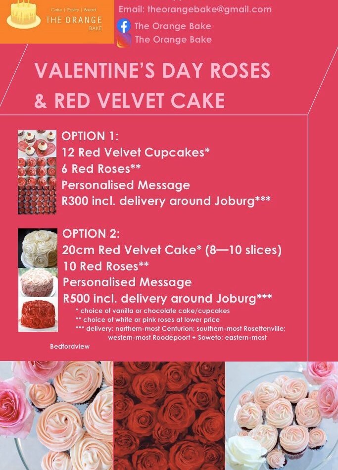 iSabeloCreative's tweet photo. Spoil your lover with a romantic bake this Valentine’s Day and order a homemade red velvet cake/cupcake &amp; rose combo, to be delivered anywhere in Joburg btwn 12 - 15 Feb 2021💞🌹💖🍰❤️
📱081 219 5857
📧theorangebake@gmail.com 

RHODurban
Nkandla
#ZumaMeetsMalema https://t.co/dWlzdy4NXw