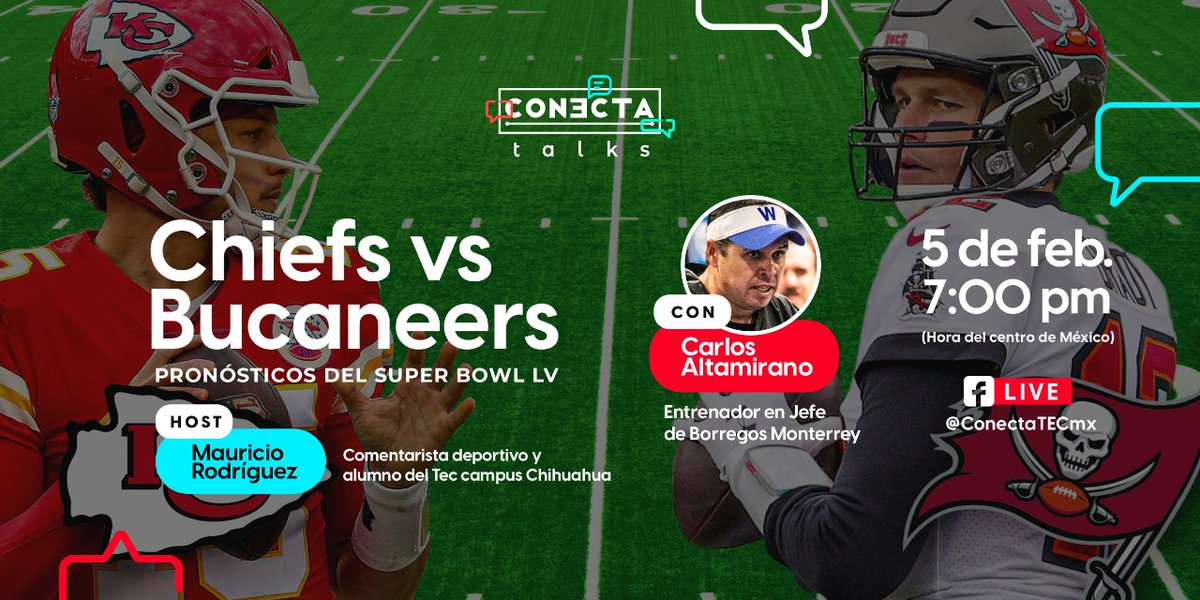ConectaTECmx's tweet photo. En el #hype del fútbol americano 🏈 hoy tenemos un gran #CONECTATalks.
Los mejores pronósticos para el #SuperBowl de la mano de @MauNFL y el coach de @BorregosMty Carlos Altamirano.
¡Ahí te esperamos! 👉https://t.co/ZoAmQ4CyIE
@TECcampusMTY @TECcampusCHI https://t.co/olAtkZNlg6
