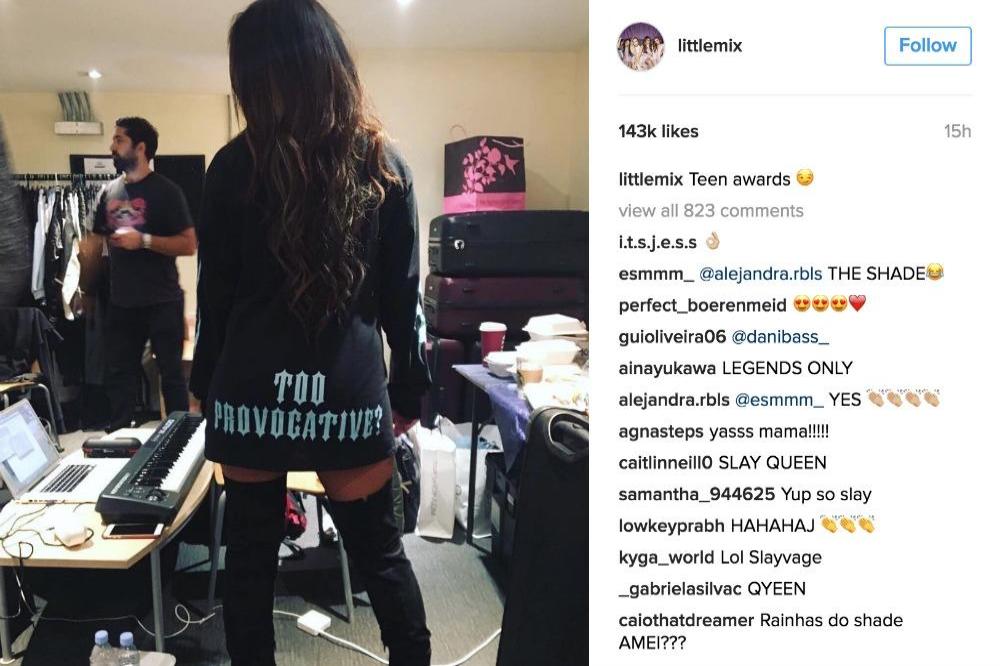 agrego este outfit que jesy nelson uso que decia "too provocative?" (muy provocativa?) y lo uso en forma de burla a los medios que las trataban de provocativas