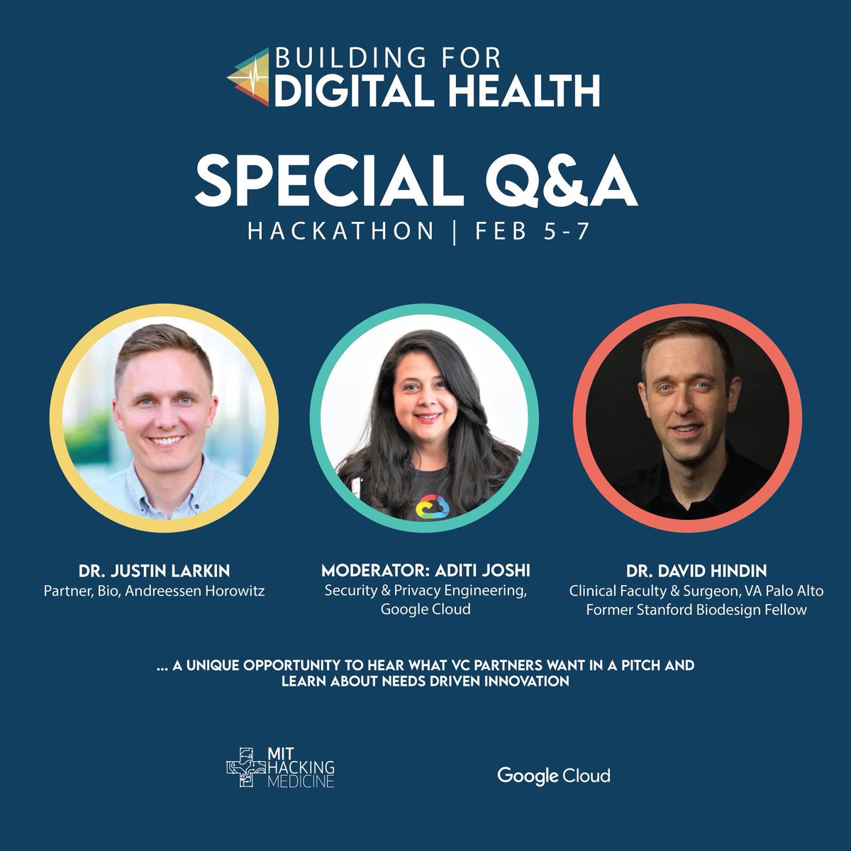 Aditi_V_Joshi's tweet photo. @mithackmed @joecorkery @googlecloud @Medtronic @shwen @bmsnews @justin_larkinMD @a16z @DavidHindin @SUBiodesign After we kick off w/@joecorkery keynote tonight, I am excited to host a special Q&A @MITHackMed #DigitalHealthHack. Learn about what VCs want in a pitch/team (thx @justin_larkinMD @a16z) & the @SUBiodesign needs driven innovation process (thx @DavidHindin) #stanford #mit #Google https://t.co/LOjArcMAF5