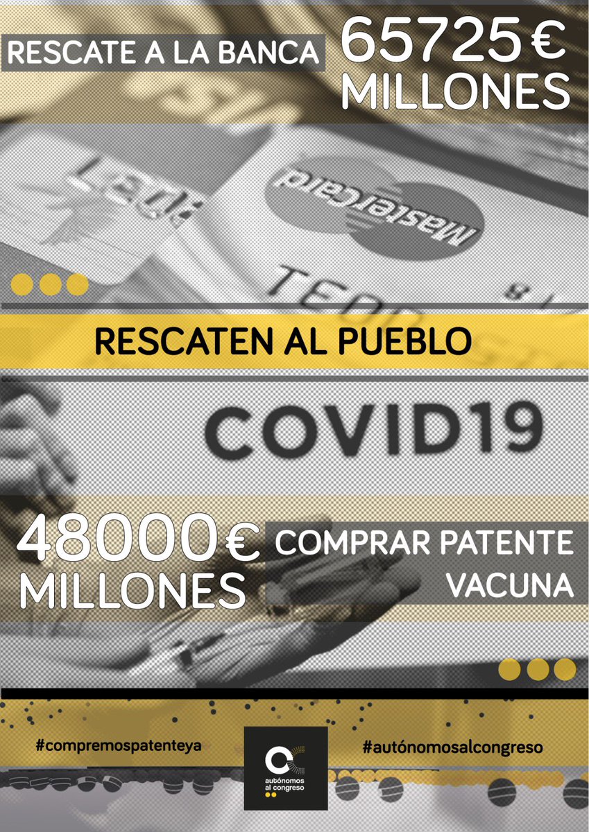 El coste del "Rescate a la Banca" en España llegó a los 65.725 millones de euros. Comprar la patente de la Vacuna para evitar nuevas cepas, miles de muertos, hambre, paro y ruina, cuesta 48.000 millones.
<a href="/ristomejide/">Risto Mejide</a> <a href="/PratSandberg/">Joaquín Prat</a> 
#autonomosalcongreso
facebook.com/autonomosalcon…