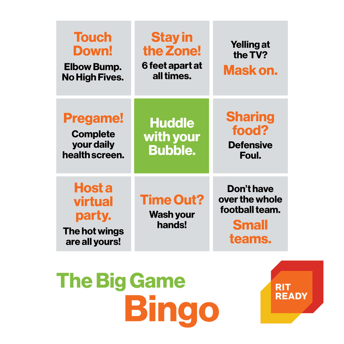 RITtigers's tweet photo. We know folks will be watching the Super Bowl on Sunday. You might even have purchased a square or two. We want you to enjoy the game safely. We made a few bingo squares to help keep you and those on your team healthy and in the game. #RITReady #SuperBowl https://t.co/KAKMEUI8sg