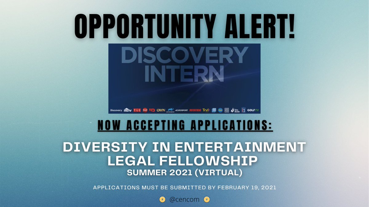CenCom's tweet photo. ✨ OPPORTUNITY ALERT ✨
@DiscoveryIncTV's legal dept. offers a fellowship opportunity to a law student from a diverse population that has historically been underrepresented in the legal profession #DiscoveryIntern @JoinDiscovery
Apply by Feb. 19, 2021: https://t.co/YrrxktwxMr https://t.co/FlmMZCKyLC