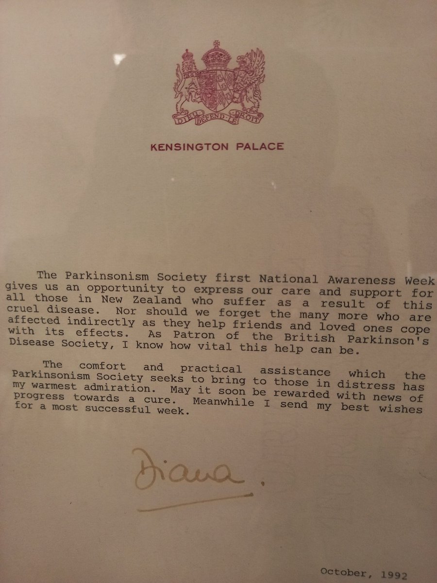 summerneane's tweet photo. Look at this gem - a letter from the late HRH Princess Diana at the National Office of Parkinson's NZ. Love the formal and endearing way that the letter reads, wishing charity all the best with their endeavours. 
Dated Oct 1992. RIP Diana.
#yopd #royal #parkinsons #charity https://t.co/lEpCbQecQp