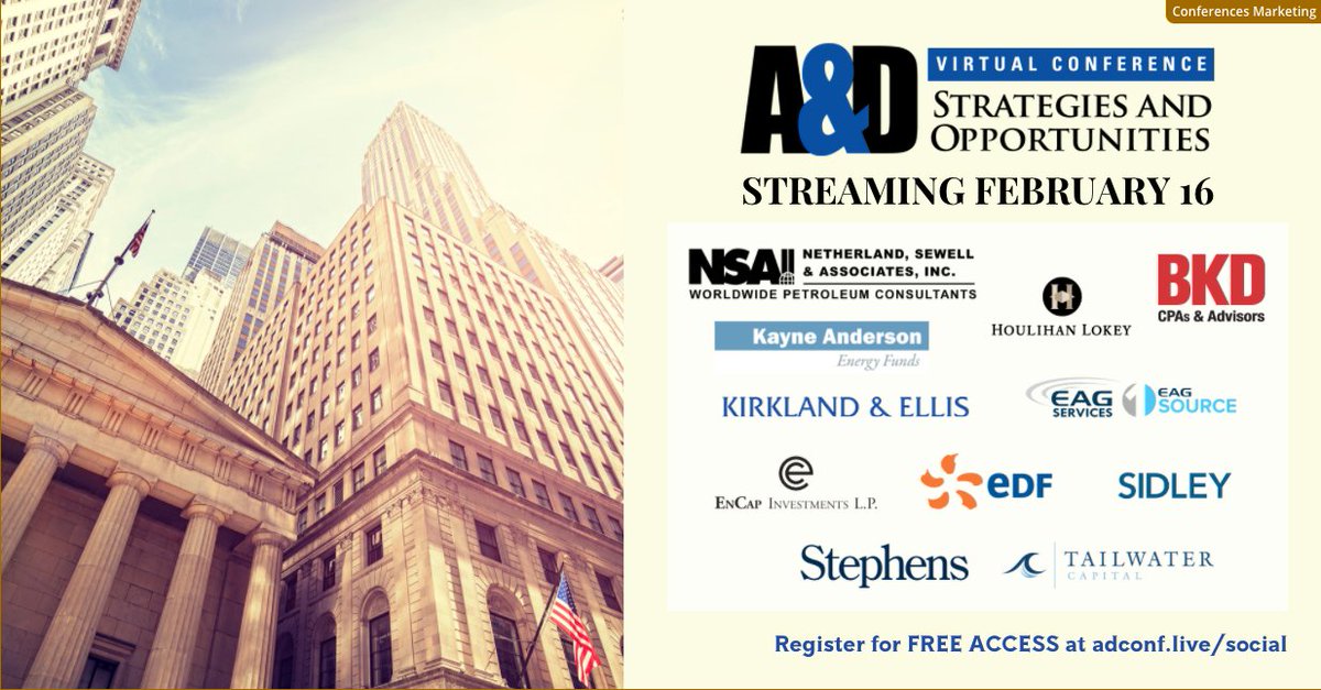 hartenergy's tweet photo. Thank you to our A&amp;D Strategies and Opportunities Conference sponsors: NSAI, EnCap Investments, Kayne Anderson, @BKDLLP, @EAGServices, @HoulihanLokey, Kirkland &amp; Ellis, @SidleyLaw, @EDFofficiel, Tailwater Capital &amp; @Stephens_Inc! 

Join in @ https://t.co/EFQjosXzXZ

#ADConf https://t.co/3DlYcGVJE7