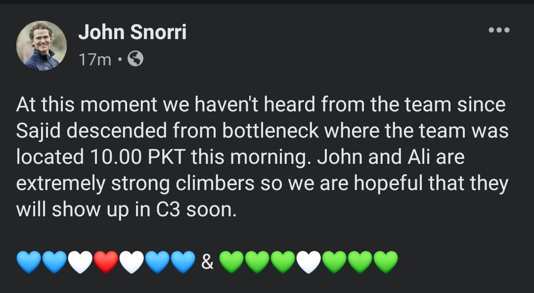 RukhsanaMazhar's tweet photo. Please pray for them 🙏🇮🇸🇵🇰
We are praying for their safety, mountains stay all that matter now is our people.
Prayers  for Snorri  and Sadpara team with JP Mohr. 
#ForK2 #ForPakistan #ForMuhammadAliSadpara #K2winter2021 #Pakistan #K2Updates #PorterPakistan https://t.co/WMpV2AC4Cf