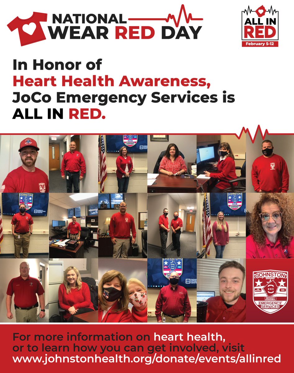 JoCoEmerServ's tweet photo. Today, February 5th, is National Wear Red Day!

What is National Wear Red Day? It is a way to raise awareness for heart health. Heart disease is the leading cause of death in Johnston County, so help us spread awareness and the message of your keeping your heart in good shape! ♥️ https://t.co/3c1A6ZgX0Y
