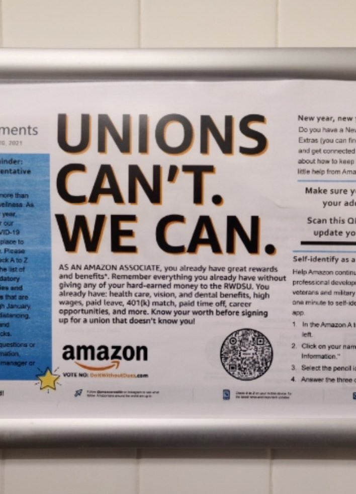 Amazon even targets workers in the bathroom. These are photos from the toilet stalls.Anti-union signs are everywhere, said warehouse worker Darryl Richardson — the break rooms, the entrances & exits. "You got big banners saying, 'Early vote: Vote no.'"