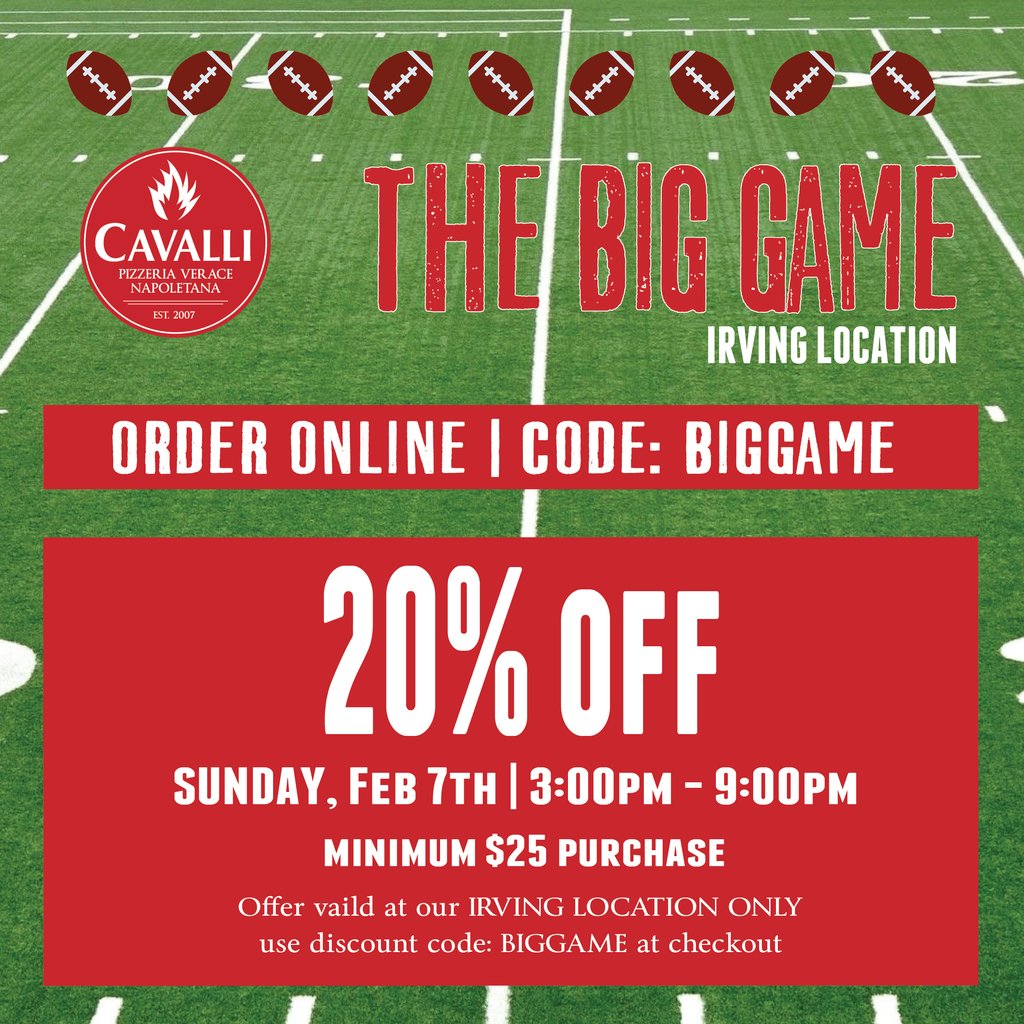 What's better than pizza and football? 🍕 🏈

Order Online for pick up, use Discount Code: BIGGAME

Available Sunday, Feb 7th from 3:00pm -9:00pm
**𝗜𝗿𝘃𝗶𝗻𝗴 𝗟𝗼𝗰𝗮𝘁𝗶𝗼𝗻 𝗢𝗻𝗹𝘆**