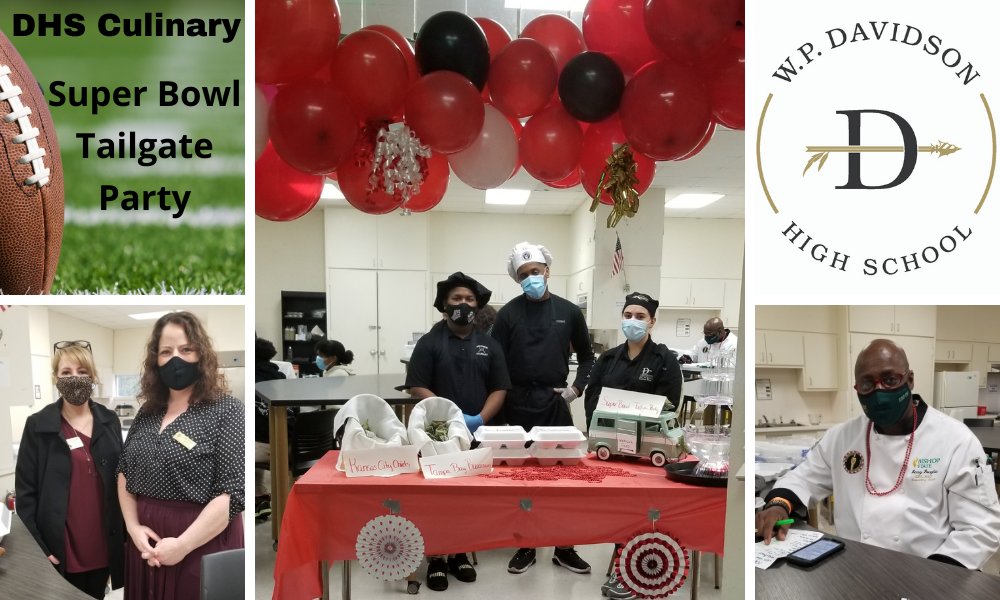 DHS_Warriors's tweet photo. DHS Event Planning hosted a Super Bowl Tailgate Party to raise money for Feeding the Gulf Coast. Students Gharam Foqahaa, Jamarcus Mosley &amp; Jonathan Thrash are pictured with distinguished guests, Mrs. Booth (MCPSS), Chef Wilson &amp; Chef Douglas (Bishop). #CareerTechMob https://t.co/BPLjK9udZ0