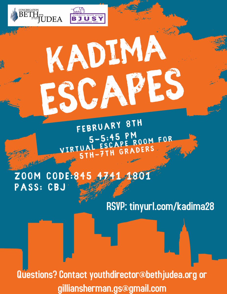 BJUSYUpdates's tweet photo. CBJ Kadima Escapes this MONDAY!  5th-7th graders sign up today for a cool virtual escape room! https://t.co/w4fAYdQFiG https://t.co/jNwGlbMW2O https://t.co/ts8NMypqoK