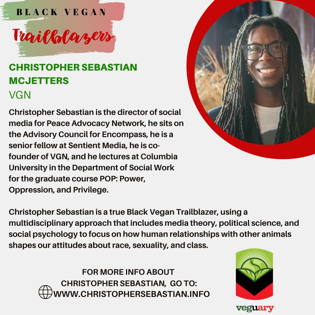 Christopher Sebastian of <a href="/VGNNews_/">VGN</a> is a true Black Vegan Trailblazer, using a multidisciplinary approach that includes media theory, political science, &amp; social psychology to focus on how human relationships with animals shapes our attitudes about race, sexuality, &amp; class✊🏾❤️🖤💚