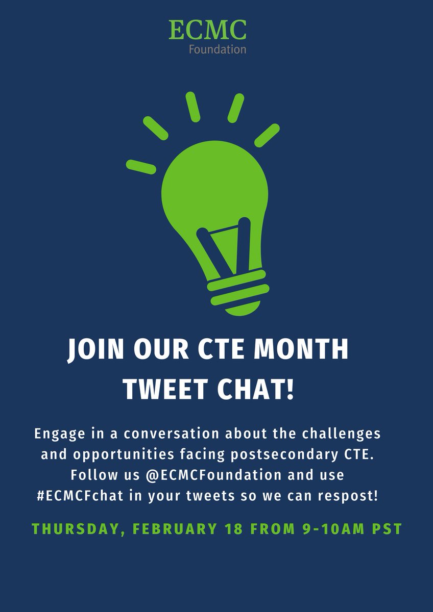 Save the date on Thursday, February 18 from 9-10am PST for our #CTEMonth #tweetchat on the challenges and opportunities facing #postsecondary #CTE. Details below: