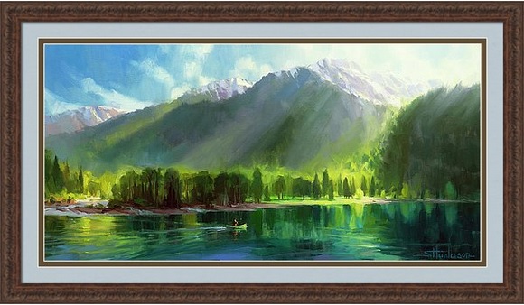 The only movement was the ripple of water on the lake. The sky overhead was blue, the mountains majestic, the trees like a silent audience. This . . . was peace. Peace, framed art print -- bit.ly/2MujGOZ #peace #calm #quiet #silence