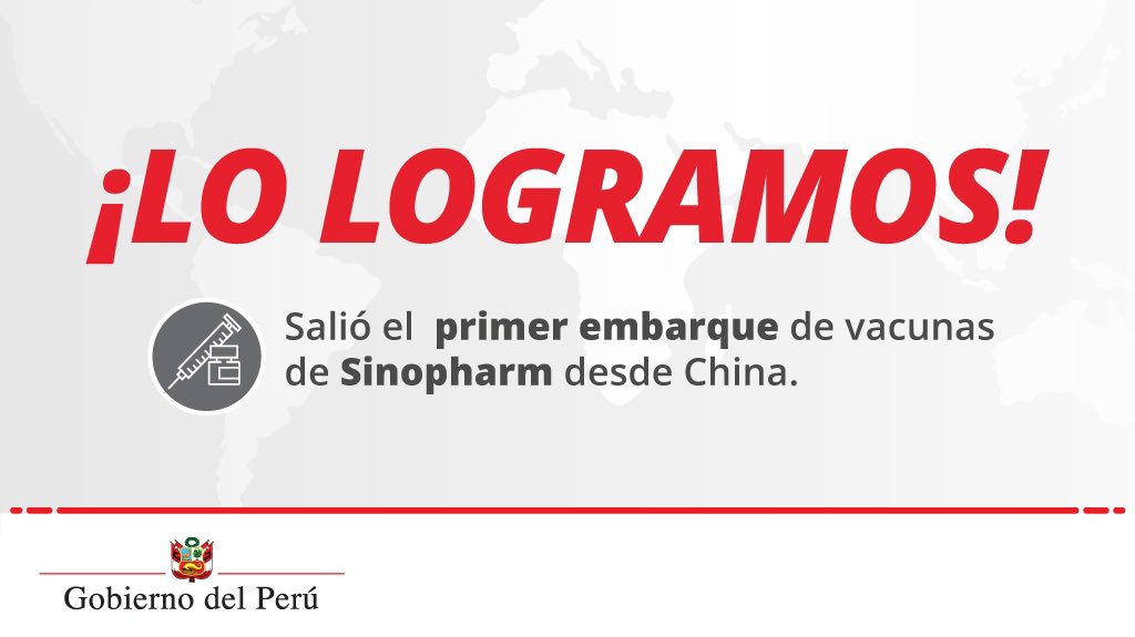 pcmperu's tweet photo. ¡#LasVacunasLleganAlPerú!
El primer millón de vacunas de Sinopharm ya están aseguradas. Hoy salió de China el embarque con 300 mil dosis que llegará el domingo 7 de febrero. Las otras 700 mil llegarán el 14 de febrero.
¡Listos para vacunar a la primera línea! #NoBajemosLaGuardia https://t.co/m2cZ9cFEbj