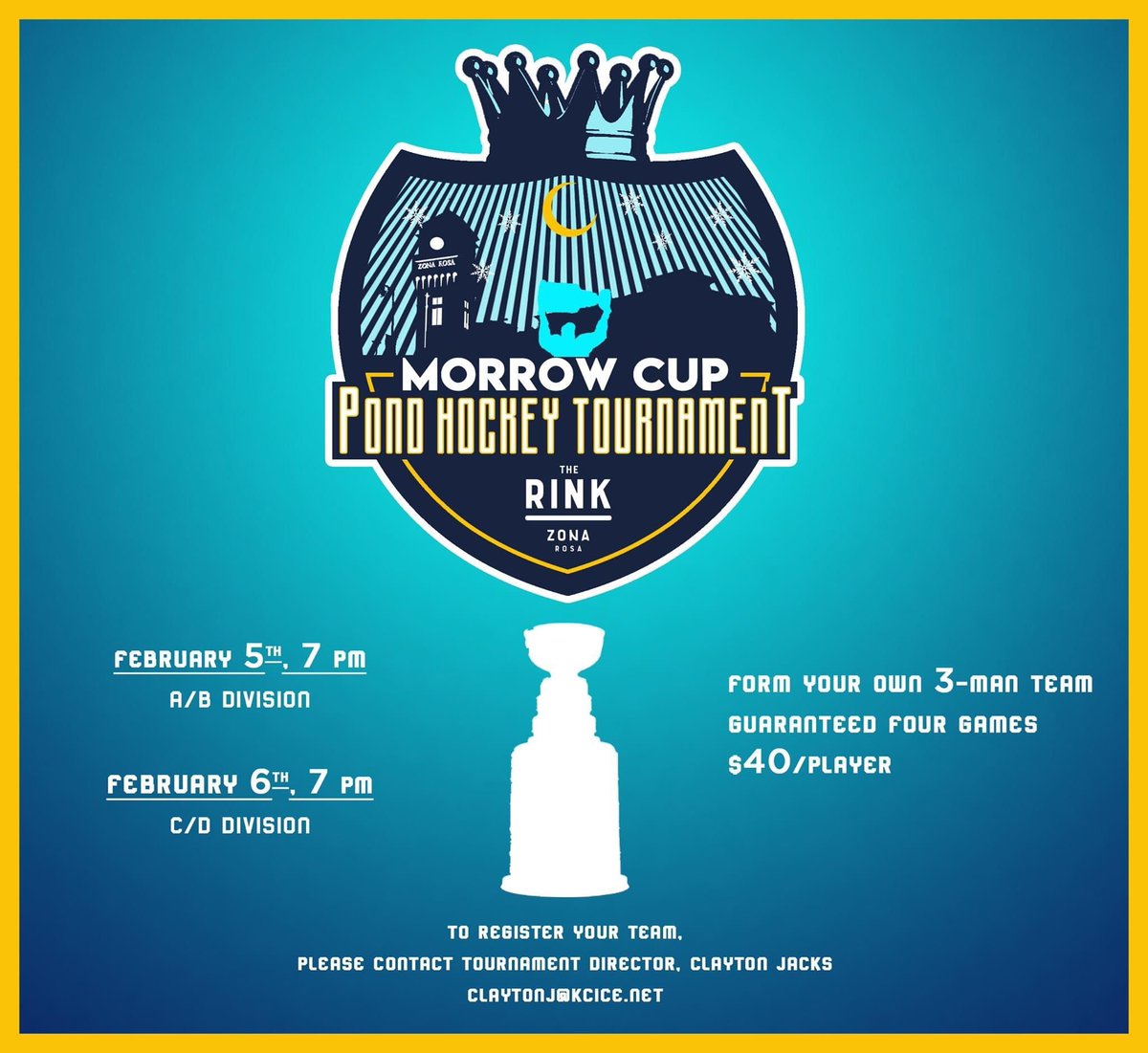 KCICERINKS's tweet photo. The Rink in Zona Rosa will be closed to public skaters at 6:45 PM on February 5th and 6th for the Morrow Cup Pond Hockey Tournament. Good luck to all participating teams!￼￼￼￼ https://t.co/pGCxGaNSFX