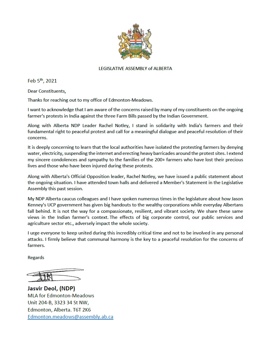 JasvirDeol_'s tweet photo. Here is my statement on ongoing farmer protests in India. Along with Alberta NDP Leader Rachel Notley, I stand in solidarity with India's farmers &amp; their fundamental right to peaceful protest &amp; call for a meaningful dialogue &amp; peaceful resolution of their concerns.#FarmersProtest https://t.co/wiMZGFuTZG