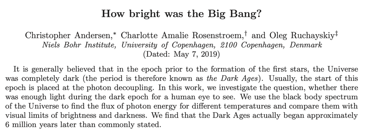 … a lovely orange-red colour. It will continue to fade and reader for about 5 million years, cooling to just over 500K before it becomes too faint to see. Then the universe would be truely dark until the first stars.Paper:  https://arxiv.org/pdf/1801.03278.pdf