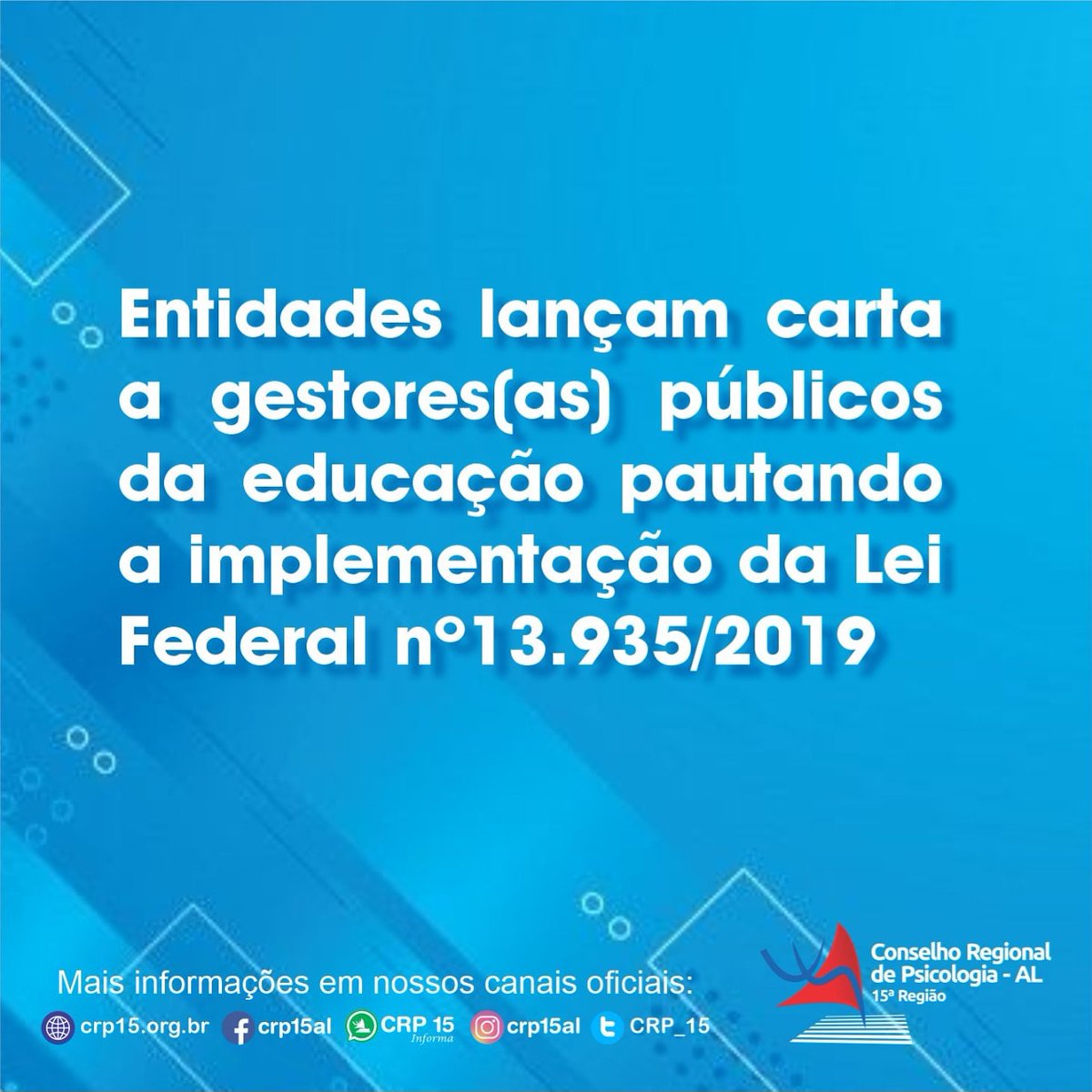 CRP_15's tweet photo. Entidades lançam carta a gestores/as públicos da educação pautando a implementação da Lei Federal nº 13.935/2019

📝 Leia a carta na íntegra no site do CRP-15 - https://t.co/RveCIWDjyI https://t.co/1qy6O8DdTQ