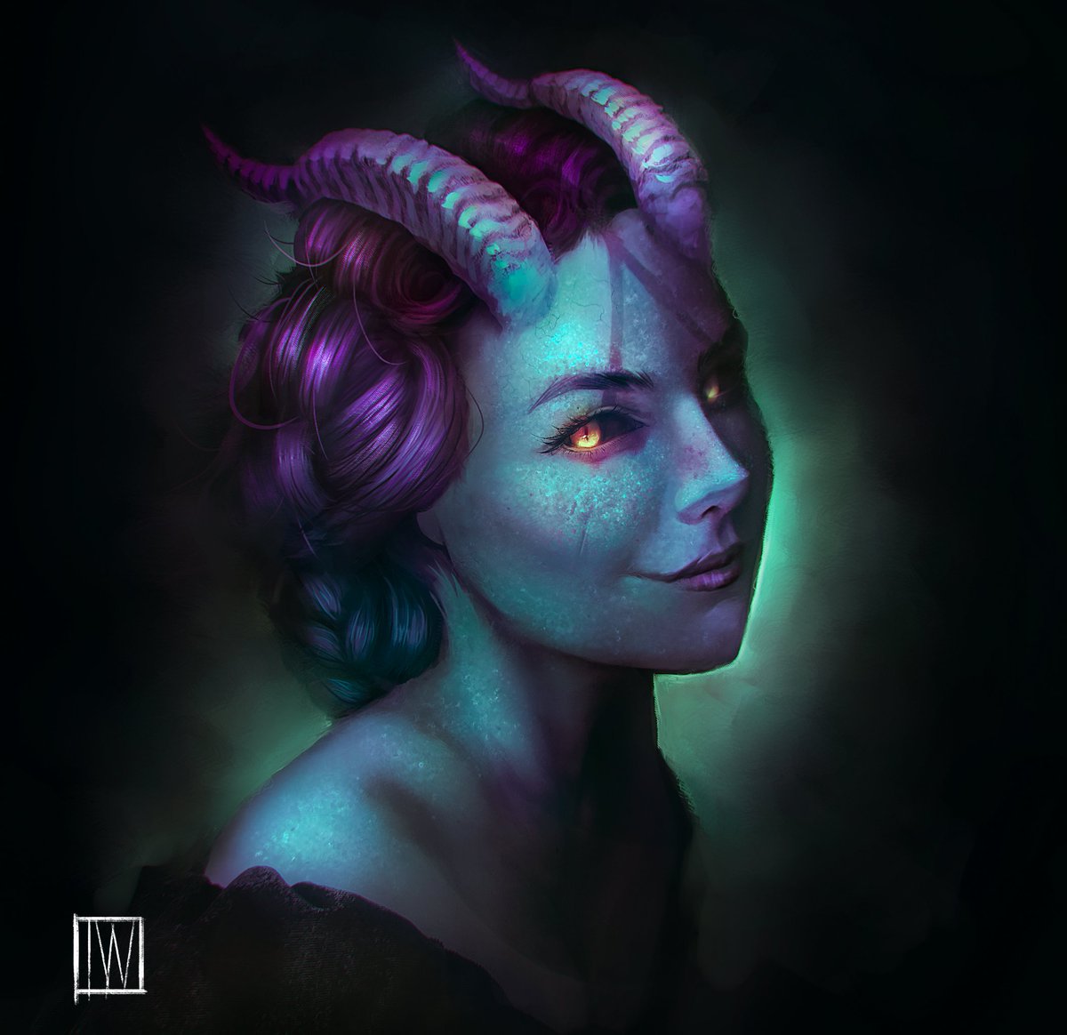 A present for <a href="/Tallinier/">Rachel Denton ✨</a> where I transformed them into their #Tiefling OC! ✨⚔️ (Hope I got the details right on this -- I'm not a huge #DnD person so it was a bit ambiguous as to whether Tieflings have scales or not??)