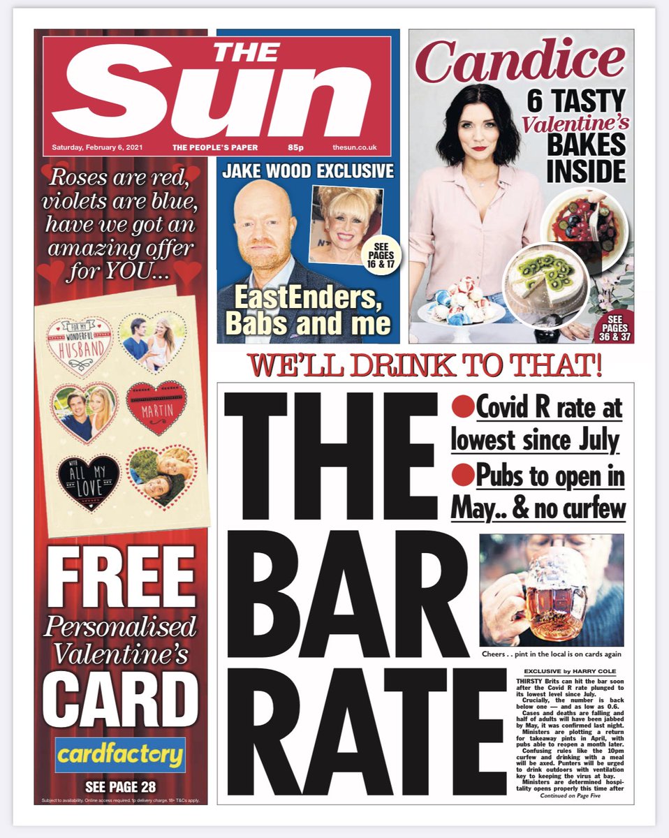 EXC: Takeaway pints pencilled in for April and no curfew when the pubs finally reopen in May - subject to numbers continuing to fall. PM has ordered “simplification” of hospitality red tape that left industry in “limbo” last year.  https://www.thesun.co.uk/news/13963692/pubs-open-may-no-curfew-takeaway-pints-april/ 