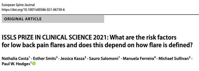 Very humbled to report that our recent work investigating risk factors for flares in low back pain has received the 2021 ISSLS Prize. Great team effort and fine crescendo for Nathalia's PhD @nathaliaccosta1 <a href="/EstherSmits2/">Esther Smits</a> <a href="/ProfManuelaF/">Prof Manuela Ferreira</a> <a href="/JessKasza/">Jessica Kasza</a> <a href="/UQHealth/">UQ Health</a> 
rdcu.be/ceJR9