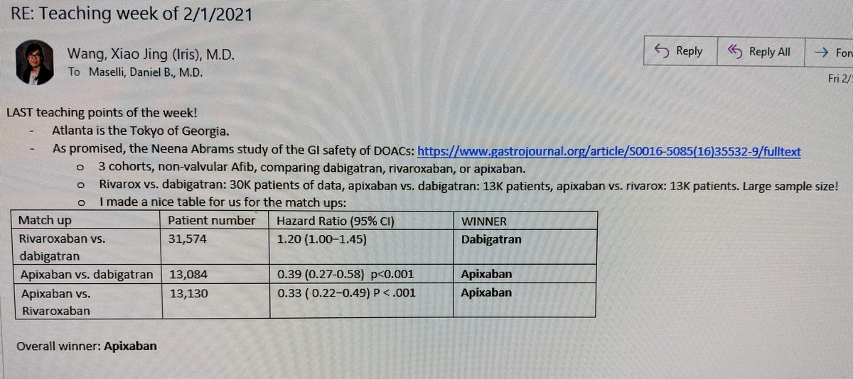 Today's teaching points from the #giconsult service was brought to us by none other than #cardiogastro master @NeenaSAbrahamMD. Immediately applied to our patient bleeding on her current AC but found to have acute PE so needs ongoing doac: switched to Eliquis!
@MayoClinicGIHep
