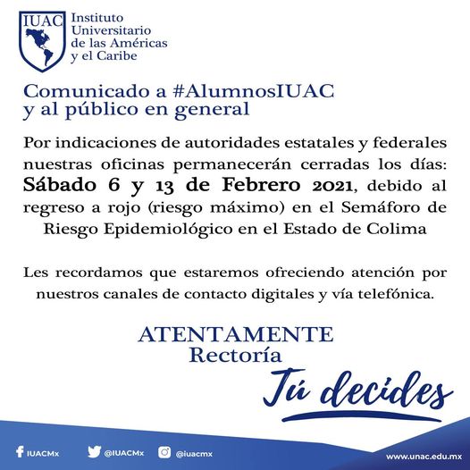 Nuestros medios de contacto digitales y telefónicos, seguirán funcionando con normalidad.
Les recordamos lavarse las manos constantemente, usar cubrebocas y salir lo menos posible de sus hogares. 
#LávateLasManos
#UsaCubrebocas
#ColimaSaldráAdelante