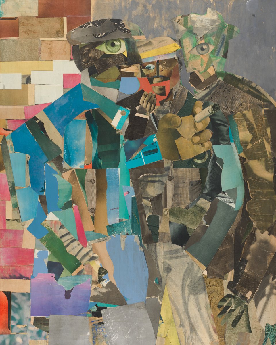 SFMOMA's tweet photo. A dose of art for a Friday afternoon: Romare Bearden’s "Three Men" (1966-1967), made with graphite + watercolor on canvas. 

[© Romare Bearden Foundation / Licensed by VAGA, New York, NY] https://t.co/vPoJszA8bj