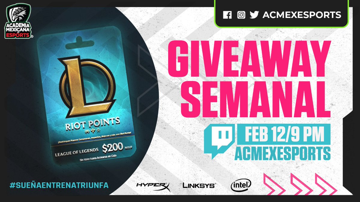 #Giveaway 

Gánate 200 #Riot #Points

El ganador se dará  conocer en el stream 12 feb 9 PM
Indispensable estar en stream para reclamar el 🎁

follow: <a href="/AcMexEsports/">Academia Mexicana de Esports</a>
follow: twitch.tv/acmexesports
🔄 y ❤️ a este tuit mencionando a 2 amigos

#sorteo #twitch #lol #tft #valorant