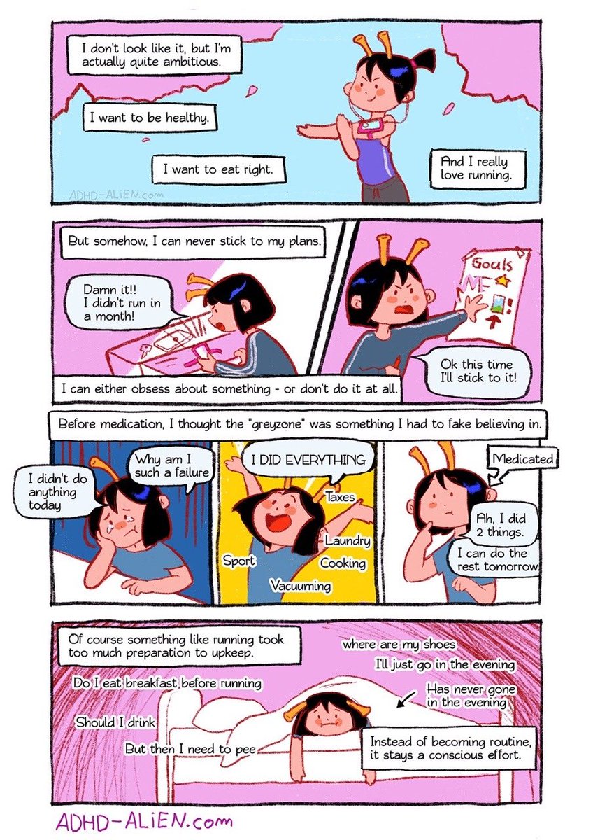 A comic with an alien girl describing how she has many ambitions and goals in life, but for some reason or another, can’t ever seem to pursue them. She can either overdo things or not start them at all.