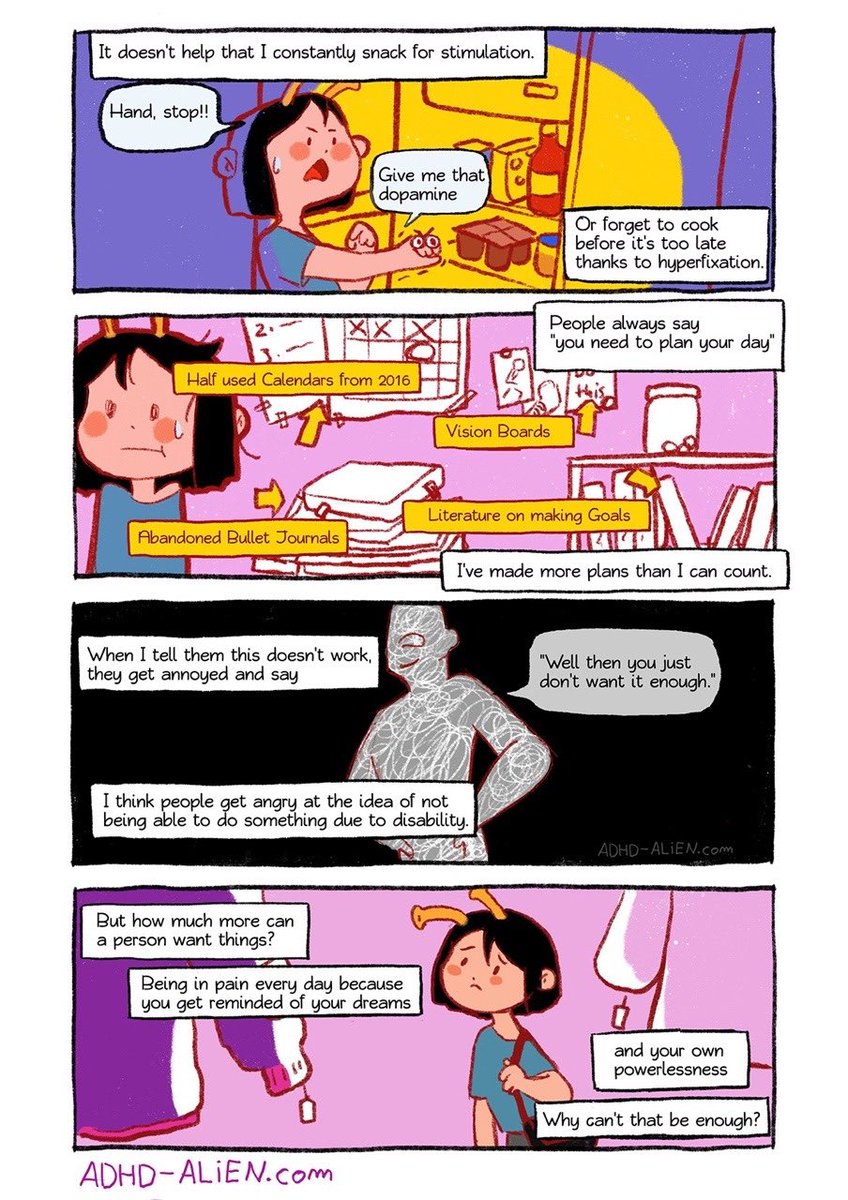 The alien girl contemplates over how much she tries - how many calendars and journals she has filled but still doesn’t manage to make a routine or achieve her goals.