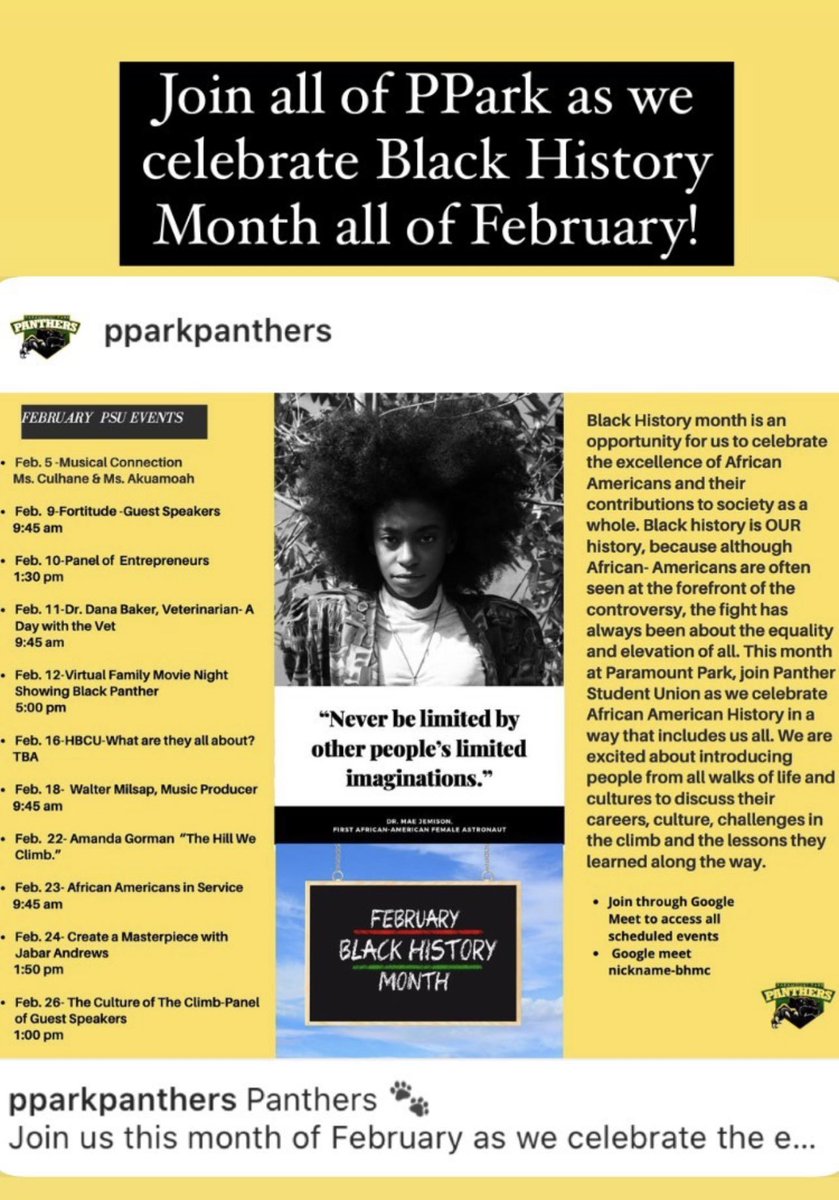 PParkPanthers's tweet photo. What month is it? It’s Black History Month! We have a great line up of events! Get inspired! #ROAR #PPARK #weArePUSD https://t.co/ikPA71vMzU