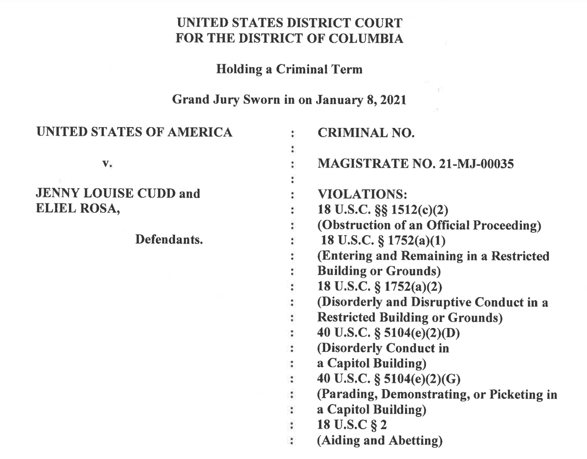 Something to note about Jenny Cudd — when she filed her request to go to Mexico on Feb. 1, she was facing two misdemeanors. A federal grand jury returned a five-count indictment on Feb. 3, including obstruction of an official proceeding, which is a felony  https://www.buzzfeednews.com/article/zoetillman/judge-capitol-rioter-jenny-cudd-mexico-trip-granted
